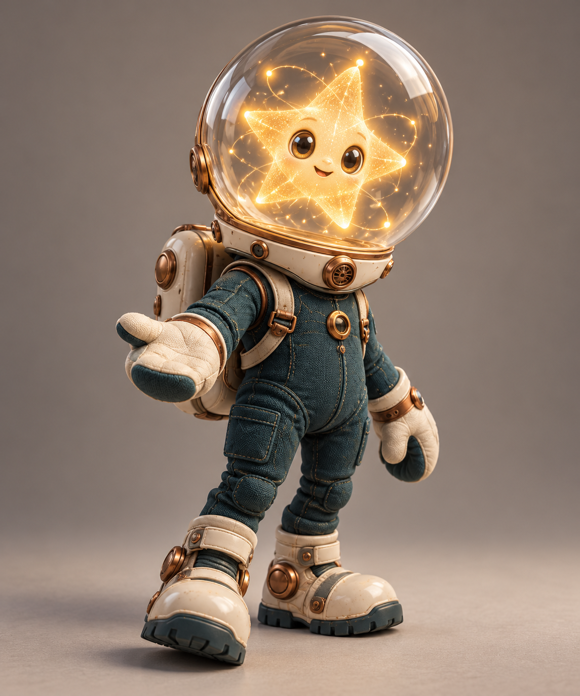 Cosmo, a smiling golden star inside a clear astronaut helmet and a textured teal suit.