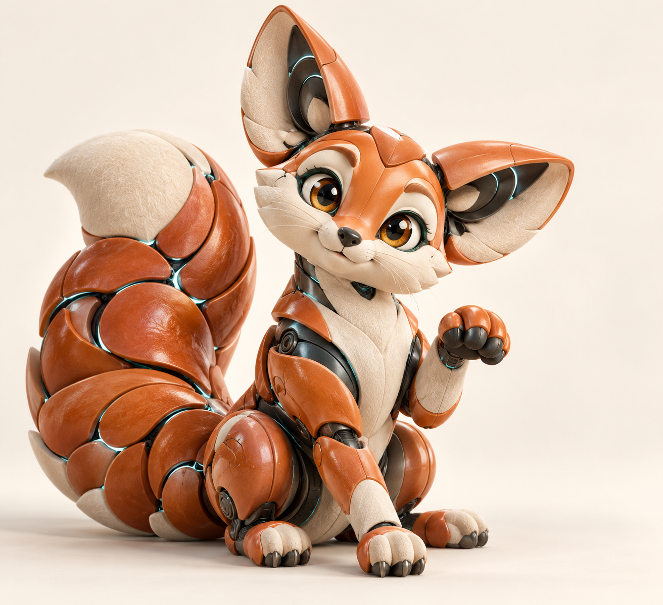 Fable, a terracotta robotic fox with soft ivory details and a large articulated tail.