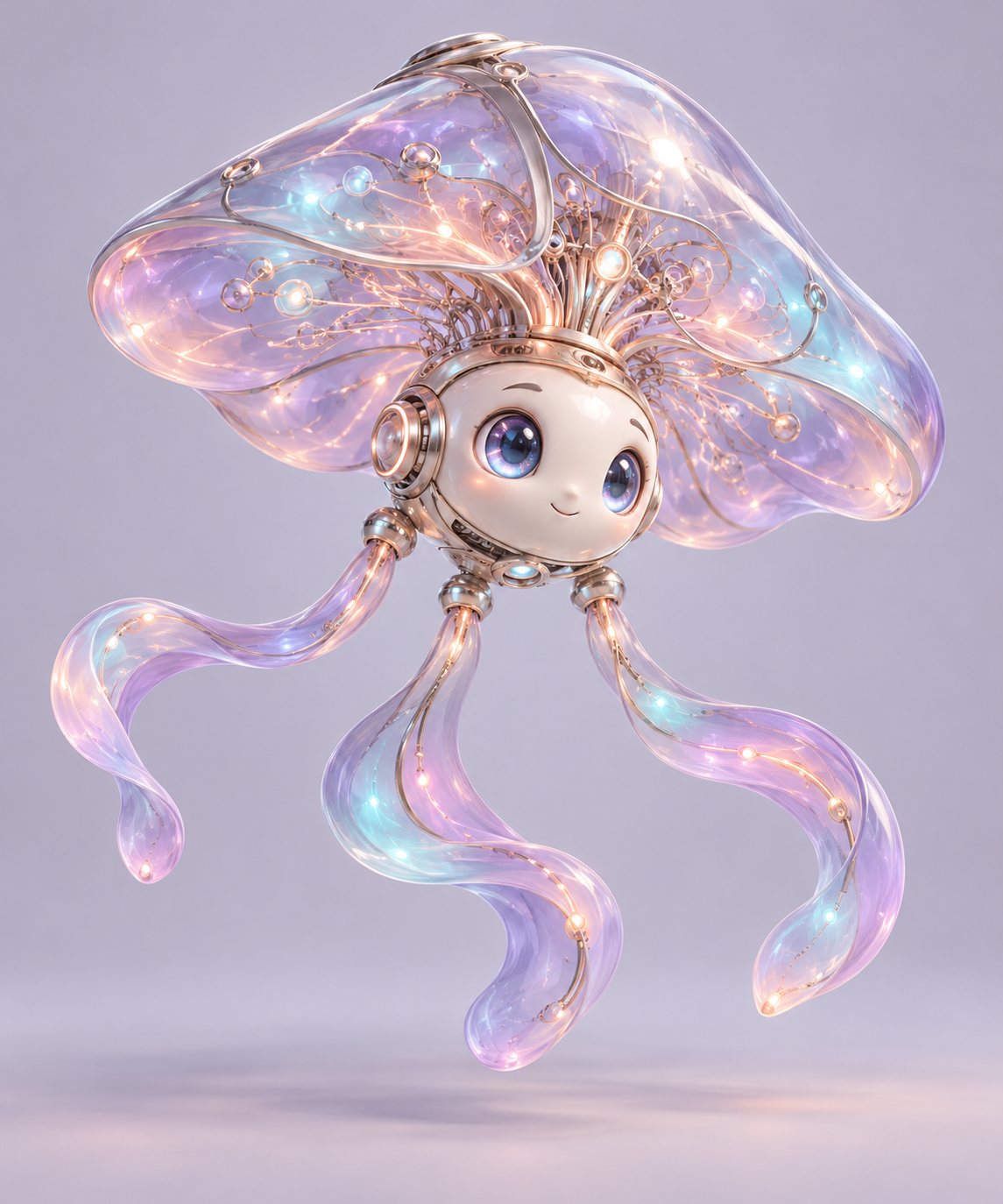 Juno, a floating glass jellybot with glowing circuitry and flowing translucent tendrils.