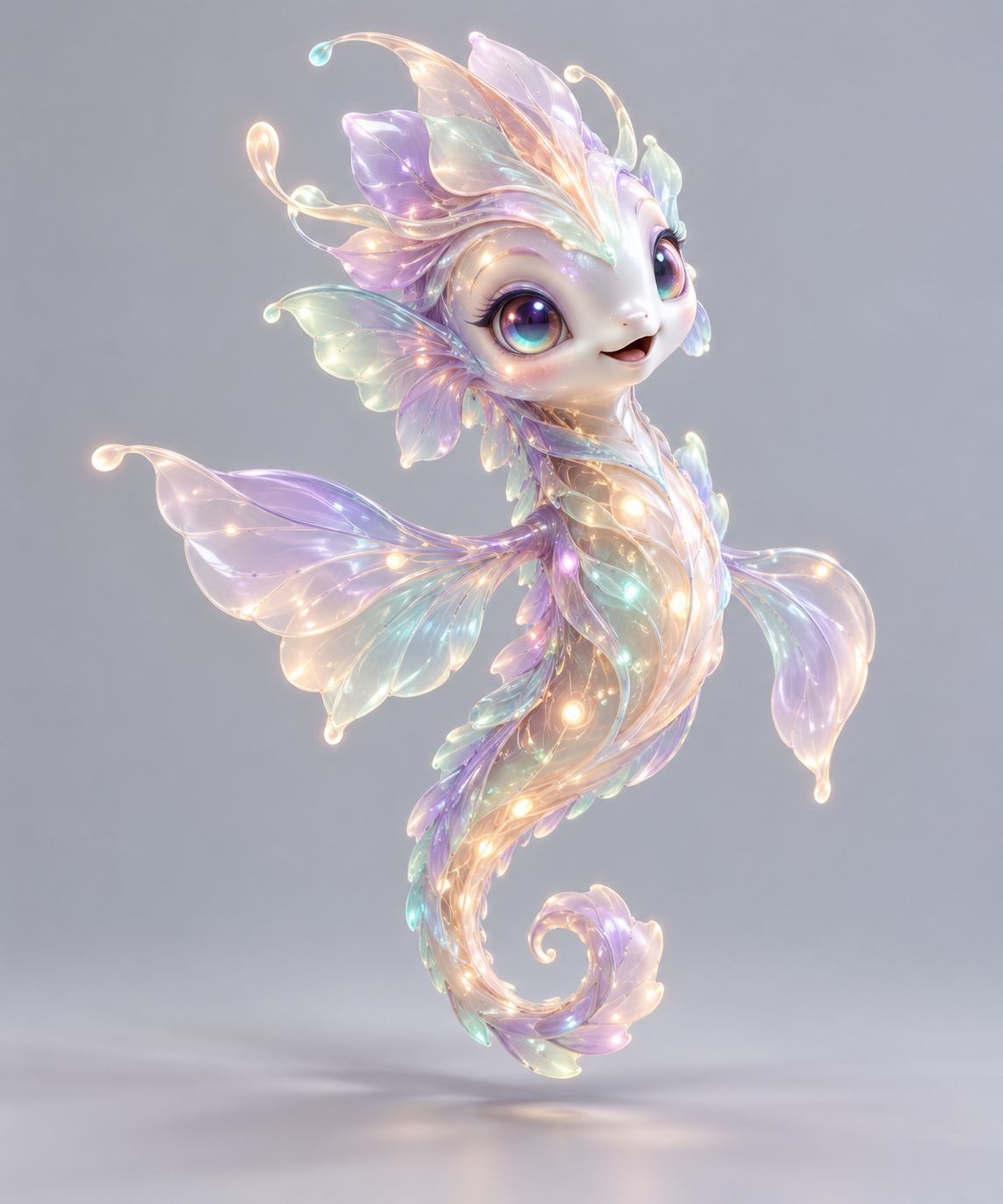 Luma, a luminous opalescent creature with translucent petals and a curled floating tail.