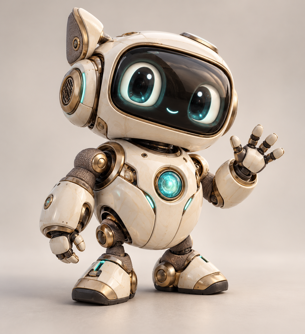 Scout, an ivory-and-brass explorer robot with bright teal eyes, smiling and waving.